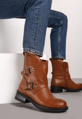 Brązowe Asymetryczne Botki z Ozdobnymi Klamrami przy Cholewce Marinissa. Brązowe botki damskie Renee, bez wzorów, z jeansu, eleganckie, bez obcasa, na obcasie, bez zapięcia. Za 129.99 zł.