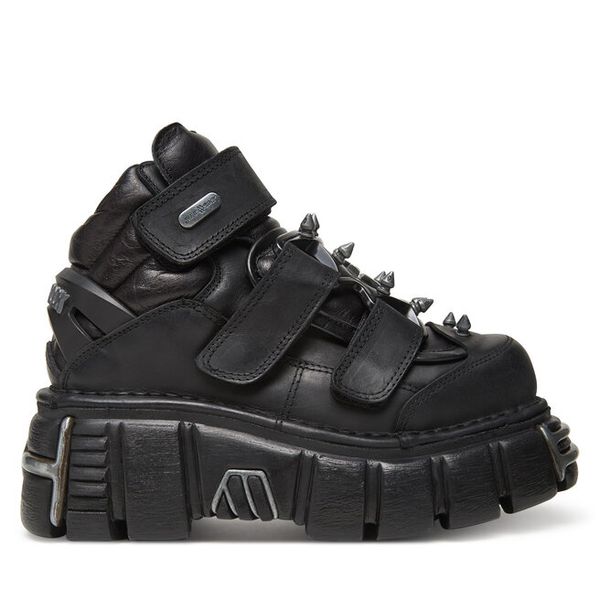 Botki NEW ROCK. Czarne botki damskie NEW ROCK, bez wzorów, rockowe, bez obcasa, na koturnie, bez zapięcia. Za 1,409.00 zł.