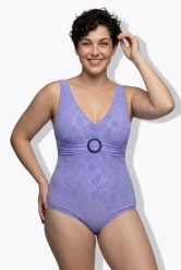 Damskie Strój kąpielowy faktura w kwiaty miękkie miseczki ozdobny pierścień. Fioletowe stroje kąpielowe damskie Ulla Popken, plus size, bez wzorów, z elastanu. Za 191.99 zł.