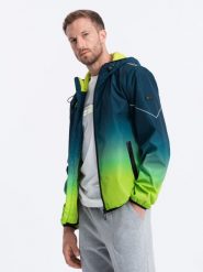 Sportowa kurtka męska ombre z odblaskami i polarową podszewką – turkusowo-limonkowa V1 OM-JANP-0105 - XXL. Niebieskie kurtki sportowe męskie Ombre Clothing, l, bez wzorów, z materiału, bez kaptura. Za 179.99 zł.
