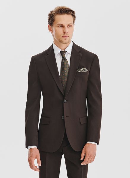 PAKO LORENTE – Ciemnobrązowa marynarka garniturowa. Brązowe garnitury męskie Pako Lorente, m, bez wzorów, z elastanu, bez kołnierzyka, bez ramiączek. Za 999.99 zł.