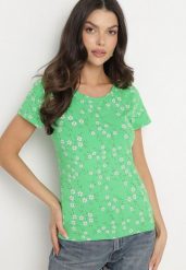 Zielony T-shirt z Bawełny w Kwiaty Savilisse. Zielone t-shirty damskie Born2be, l, bez wzorów, z bawełny, klasyczne, bez kołnierzyka, bez ramiączek. Za 29.99 zł.