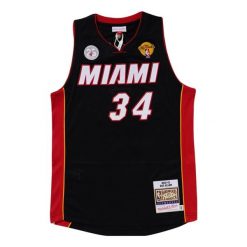 Koszulka NBA Miami Heat Authentic Ray Allen Road Finals 2012/13. Czarne bluzki damskie Mitchell & Ness, bez wzorów, z poliesteru, sportowe, bez kołnierzyka, bez ramiączek. W wyprzedaży za 1,075.50 zł.