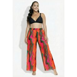 Damskie Spodnie palazzo wzór w fale szeroka nogawka elastyczny pas. Czerwone spodnie dresowe damskie Ulla Popken, bez wzorów, z elastanu, sportowe, długie. Za 239.99 zł.
