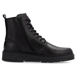 Buty męskie skórzane ocieplane Rieker 30101-00 RKR751 czarne. Czarne botki męskie bez wzorów, bez obcasa, bez zapięcia. Za 678.58 zł.