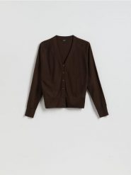 Kardigan z wełną - ciemnobrązowy. Brązowe kardigany damskie Reserved, l, bez wzorów, z dzianiny, bez kołnierzyka. Za 159.99 zł.