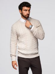 Elegancki sweter męski z ciekawym splotem – ecru V1 - Rozmiar: XL. Swetry męskie Ombre Clothing, m, bez wzorów, z bawełny, eleganckie, bez kołnierzyka, bez ramiączek. W wyprzedaży za 136.49 zł.
