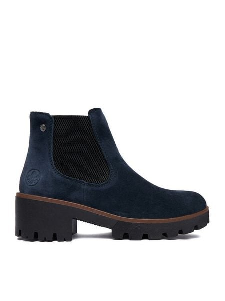 Rieker Botki CEO-79265-14 Granatowy. Niebieskie botki damskie Rieker, bez wzorów, ze skóry, bez obcasa, na słupku, bez zapięcia. Za 399.99 zł.