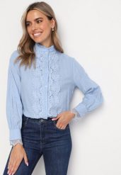 Niebieska Koszula z Koronką Abbissa. Niebieskie koszule damskie Born2be, m, bez wzorów, z koronki, bez kołnierzyka, bez ramiączek. Za 54.99 zł.