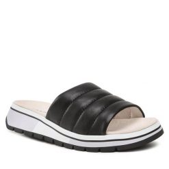Klapki Caprice. Czarne klapki damskie Caprice, bez wzorów, bez obcasa, bez zapięcia. Za 229.99 zł.