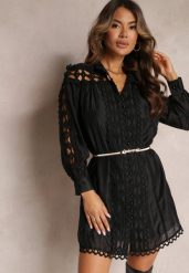 Czarna Koszulowa Sukienka Mini z Paskiem w Stylu Vintage Butafa. Czarne sukienki damskie Renee, m, bez wzorów, vintage, bez kołnierzyka, bez ramiączek, mini, koszulowe. Za 189.99 zł.