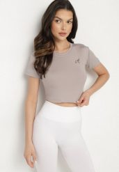 Jasnoszary T-shirt Crop Top Ozdobiony Literką Koliviela. Szare t-shirty damskie Born2be, l, z aplikacjami, z jeansu, eleganckie, bez kołnierzyka, bez ramiączek. Za 29.99 zł.