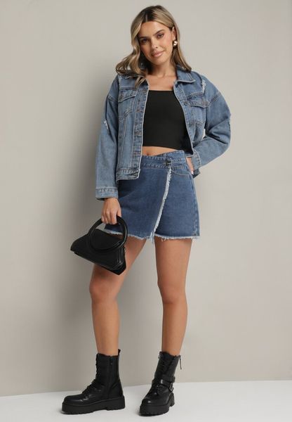 Granatowe Jeansowe Spódnico-Spodenki Jeansowe z Bawełny z Wysokim Stanem Neliatha. Niebieskie szorty damskie Born2be, bez wzorów, z bawełny, eleganckie, z podwyższonym stanem. Za 59.99 zł.