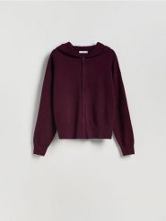 Rozpinany sweter z kapturem - ciemnofioletowy. Fioletowe kardigany damskie Reserved, l, bez wzorów, z dzianiny, bez kołnierzyka. Za 139.99 zł.