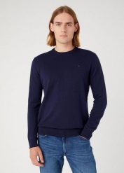 WRANGLER CREWNECK KNIT MĘSKI SWETER ELEGANCKI CIEPŁY LOGO NAVY 112343109 W8A0018103. Niebieskie swetry męskie Wrangler, m, bez wzorów, eleganckie, bez kołnierzyka, bez ramiączek. Za 149.99 zł.