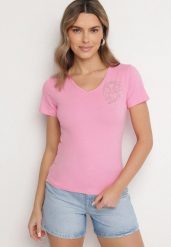 Różowy T-shirt z Bawełny z Cyrkoniowym Wzorem Uliavira. Czerwone t-shirty damskie Born2be, l, z aplikacjami, z bawełny, eleganckie, bez kołnierzyka, bez ramiączek. Za 34.99 zł.