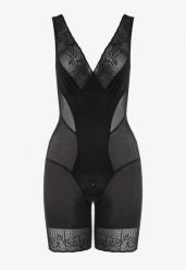 Czarne Modelujące Body z Koronkowymi Wstawkami Tisella. Czarne body Renee, bez wzorów, z koronki. Za 59.99 zł.