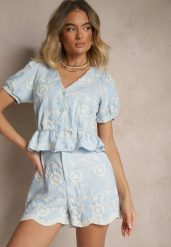 Jasnoniebieska Bluzka z Bawełny Ozdobiona Haftem Talseli. Niebieskie bluzki damskie Renee, xl, bez wzorów, z bawełny, bez kołnierzyka, bez ramiączek. Za 74.99 zł.
