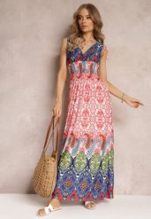 Czerwono-Granatowa Sukienka Maxi w Stylu Boho z Gumką w Pasie Bernette. Czerwone sukienki damskie Renee, l, bez wzorów, boho, bez kołnierzyka, bez ramiączek, maxi. Za 54.99 zł.