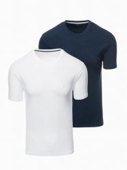 Zestaw męskich t-shirtów z okrągłym dekoltem – biały/granat V1 Z101 - XXL. Białe t-shirty męskie Ombre Clothing, l, bez wzorów, z bawełny, bez kołnierzyka, bez ramiączek. W wyprzedaży za 89.99 zł.