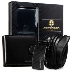 Zestaw prezentowy: skórzany portfel męski w czarnym kolorze i pasek ze skóry naturalnej - Peterson. Czarne portfele męskie Peterson, bez wzorów, ze skóry. Za 119.99 zł.