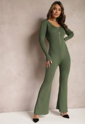 Zielony Kombinezon Bodycon z Prążkowanej Wiskozy ze Spodniami Typu Dzwony i Suwakiem Lavirna. Zielone sukienki damskie Renee, uniwersalny, bez wzorów, prążkowane, eleganckie, bez kołnierzyka, bez ramiączek, bodycon. Za 119.99 zł.