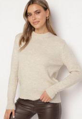 Beżowy Sweter o Klasycznym Kroju Vitilia. Brązowe swetry nierozpinane damskie Born2be, m, bez wzorów, z jeansu, biznesowe, bez kołnierzyka, bez ramiączek. Za 89.99 zł.