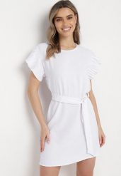Biała Mini Sukienka Rozkloszowana z Paskiem w Talii i Ozdobnym Rękawem Allairi. Białe sukienki damskie Born2be, na imprezę, na lato, l, bez wzorów, bez kołnierzyka, bez ramiączek, mini, rozkloszowane. Za 54.99 zł.