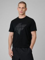 4F T-shirt regular z nadrukiem męski - czarna L. Czarne t-shirty męskie 4F, l, bez wzorów, z materiału, bez kołnierzyka, bez ramiączek. Za 69.99 zł.