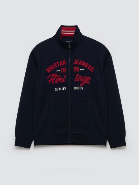 Bluza męska rozpinana z dużą aplikacją granatowa Shon 403. Niebieskie bluzy męskie BIG STAR, l, z aplikacjami, z bawełny, retro, bez ramiączek, bez kaptura. Za 249.99 zł.