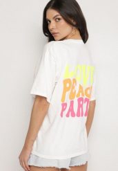 Biały Bawełniany T-shirt Ozdobiony Nadrukiem Odalva. Białe t-shirty damskie Born2be, uniwersalny, bez wzorów, z bawełny, klasyczne, bez kołnierzyka, bez ramiączek. Za 79.99 zł.