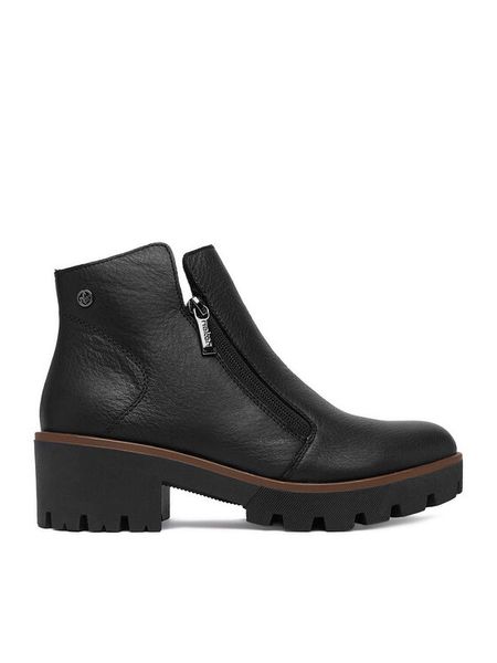 Rieker Botki CEO-79254-00 Czarny. Czarne botki damskie Rieker, bez wzorów, ze skóry, bez obcasa, na płaskiej podeszwie, bez zapięcia. Za 429.99 zł.