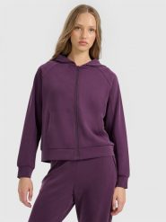 4F Bluza dresowa rozpinana z modalem damska - fioletowa S. Fioletowe bluzy damskie 4F, s, bez wzorów, z dresówki, bez ramiączek, z kapturem. Za 189.99 zł.