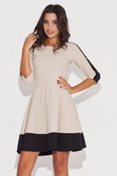 Elegancka Beżowo-Czarna Sukienka z Rękawem 3/4 z Kolorowymi Lamówkami. Brązowe sukienki damskie Katrus, l, bez wzorów, z lycry, eleganckie, bez kołnierzyka, bez ramiączek. Za 259.00 zł.