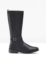 Kozaki z szeroką cholewką. Czarne kozaki damskie bonprix, bez wzorów, ze skóry, bez obcasa, bez zapięcia. Za 189.99 zł.