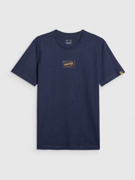 4F T-shirt regular z nadrukiem męski - granatowy XL. Niebieskie t-shirty męskie 4F, m, bez wzorów, z bawełny, bez kołnierzyka, bez ramiączek. Za 79.99 zł.