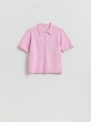 Wełniany sweter polo - pastelowy róż. Czerwone swetry nierozpinane damskie Reserved, l, bez wzorów, z wełny, bez kołnierzyka, bez ramiączek. Za 149.99 zł.