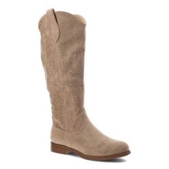 Beżowe Kozaki S.Barski Eleganckie Obuwie Damskie. Brązowe kozaki damskie S.BARSKI, w ażurowe wzory, ze skóry ekologicznej, bez obcasa, bez zapięcia. Za 159.00 zł.