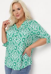 Zielono-Biała Wiskozowa Bluzka Zapinana na Guziki w Geometryczny Print Perita. Zielone bluzki damskie Born2be, l, bez wzorów, z wiskozy, bez kołnierzyka, bez ramiączek. Za 39.99 zł.