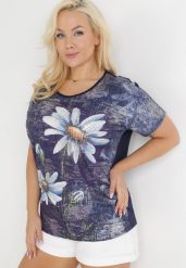 Granatowa Bluzka Oversize z Metalicznym Nadrukiem w Kwiaty z Cyrkoniami Deqsa. Niebieskie bluzki damskie Born2be, m, bez wzorów, bez kołnierzyka, bez ramiączek. Za 39.99 zł.