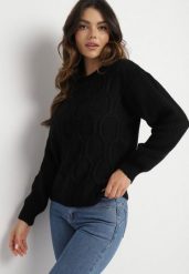Czarny Sweter z Wełną Ozdobiony Splotem i Ściągaczami Terevella. Czarne swetry nierozpinane damskie Born2be, bez wzorów, z jeansu, eleganckie, bez kołnierzyka, bez ramiączek. Za 49.99 zł.