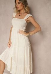 Beżowa Rozkloszowana Sukienka z Wiskozy z Metalicznymi Przeszyciami Iffaria. Brązowe sukienki damskie Renee, na co dzień, l, bez wzorów, z jeansu, eleganckie, bez kołnierzyka, bez ramiączek, midi, kopertowe. Za 89.99 zł.