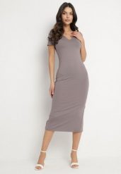 Szara Sukienka Dopasowana Bodycon z Dekoltem w Serek Efricene. Szare sukienki damskie Born2be, na co dzień, l, bez wzorów, z jeansu, klasyczne, bez kołnierzyka, bez ramiączek, midi, bodycon. Za 109.99 zł.