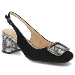 Czółenka damskie S.Barski, ze skóry naturalnej zamszowej odkryta pięta pasek z regulacją ozdobna klamra stabilny obcas elegancki styl, czarne, LZ61-2. Czarne czółenka damskie S.BARSKI, bez wzorów, ze skóry, biznesowe, bez obcasa, na obcasie, bez zapięcia. Za 309.00 zł.