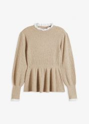 Sweter z koszulową wstawką. Szare swetry nierozpinane damskie bonprix, bez wzorów, bez kołnierzyka, bez ramiączek. Za 119.99 zł.