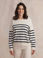 Sweter damski TBS Selen. Białe swetry nierozpinane damskie TBS, na lato, l, bez wzorów, z bawełny, eleganckie, bez kołnierzyka, bez ramiączek. Za 311.00 zł.