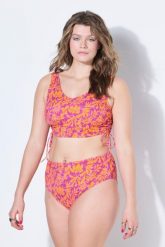 Damskie Góra od bikini miękkie miseczki neonowe kwiaty boczne marszczenia. Brązowe stroje kąpielowe damskie Ulla Popken, plus size, bez wzorów, z elastanu. Za 139.99 zł.