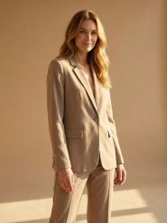 Żakiet z kieszeniami z domieszką wiskozy i lnu - beżowy. Brązowe marynarki i żakiety damskie Sinsay, bez wzorów, z wiskozy, bez kołnierzyka, bez ramiączek. Za 79.99 zł.