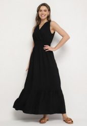 Czarna Sukienka o Rozkloszowanym Kroju Bez Rękawów z Kopertowym Dekoltem Filoria. Czarne sukienki damskie Born2be, l, bez wzorów, eleganckie, bez kołnierzyka, bez ramiączek, maxi, kopertowe. Za 69.99 zł.