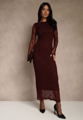 Bordowa Koronkowa Sukienka Typu Longsleeve o Dopasowanym Kroju Zenoresa. Czerwone sukienki damskie Renee, na imprezę, l, bez wzorów, z koronki, eleganckie, bez kołnierzyka, bez ramiączek, dopasowane. Za 159.99 zł.